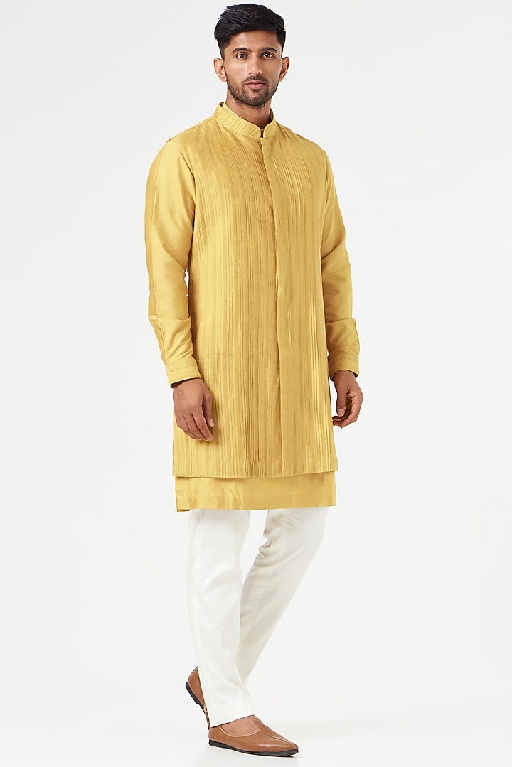 Mustard Cotton Silk Wedding Indowestern Jacket Set by SEVENDC MEN at Pernia's Pop Up Shop