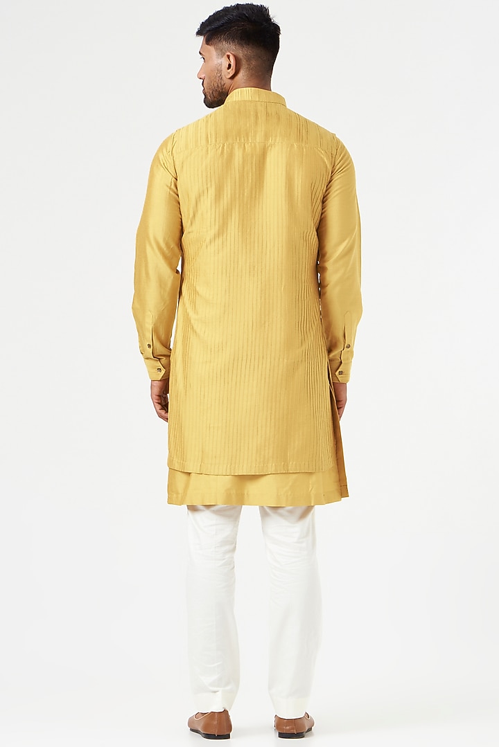 Mustard Cotton Silk Wedding Indowestern Jacket Set by SEVENDC MEN at Pernia's Pop Up Shop
