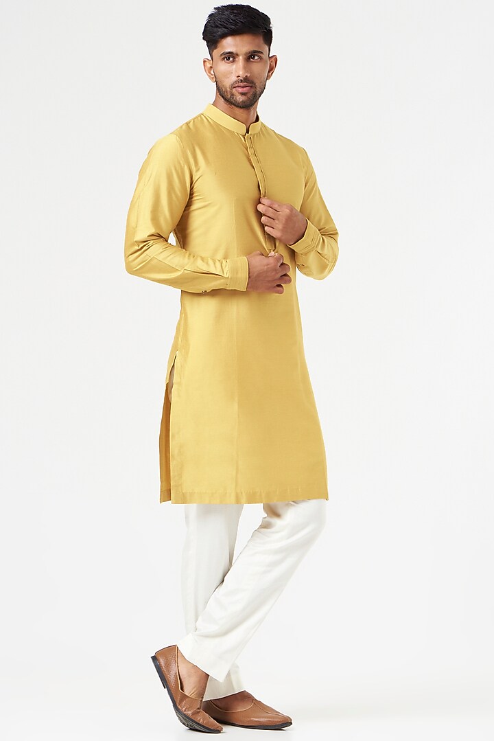Mustard Cotton Silk Wedding Indowestern Jacket Set by SEVENDC MEN at Pernia's Pop Up Shop