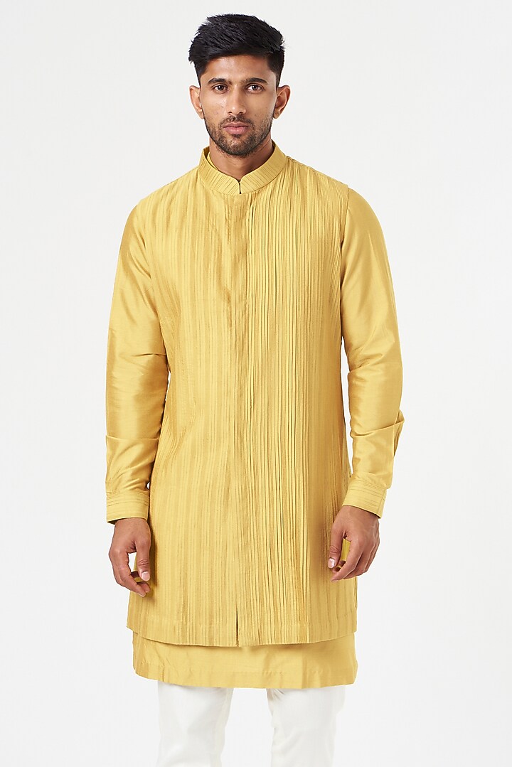 Mustard Cotton Silk Wedding Indowestern Jacket Set by SEVENDC MEN at Pernia's Pop Up Shop
