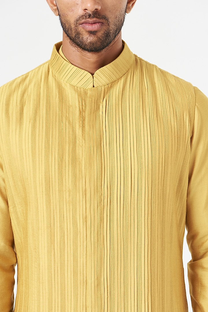 Mustard Cotton Silk Wedding Indowestern Jacket Set by SEVENDC MEN at Pernia's Pop Up Shop