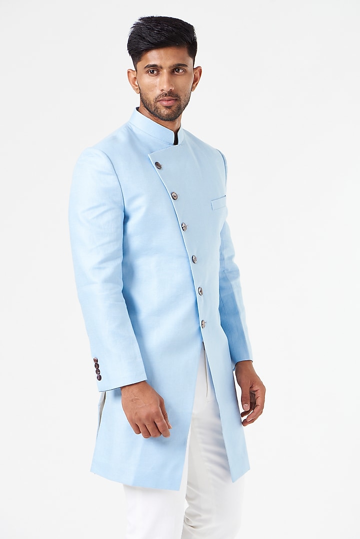 Sky Blue Linen Indo-Western Jacket Set by SEVENDC MEN at Pernia's Pop Up Shop