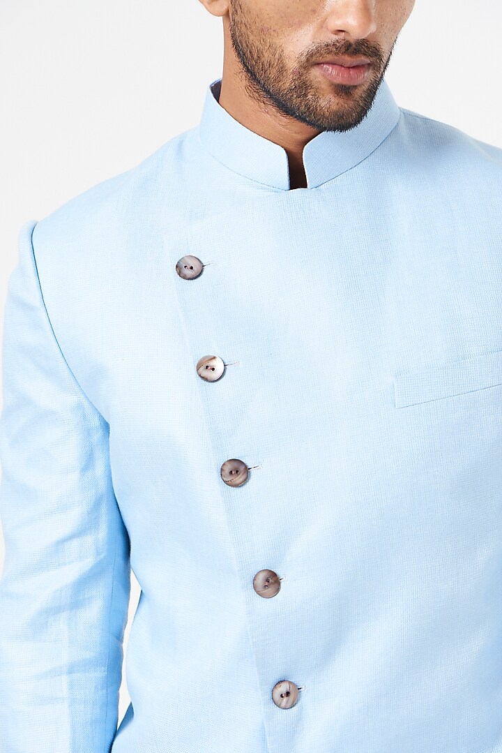 Sky Blue Linen Indo-Western Jacket Set by SEVENDC MEN at Pernia's Pop Up Shop