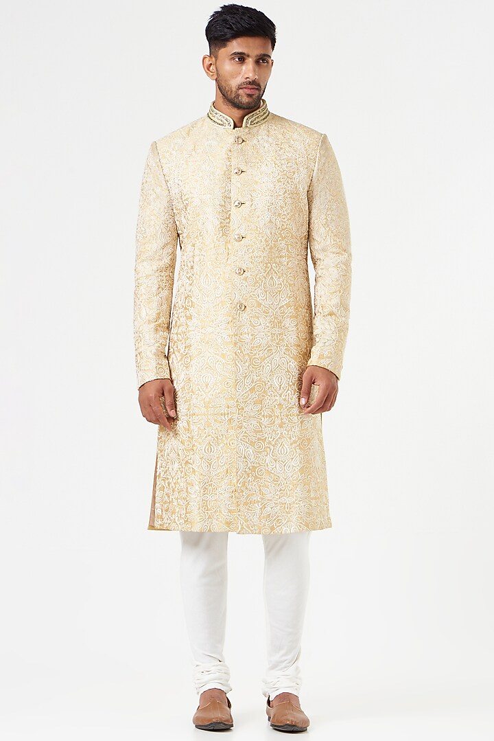 Beige Raw Silk Thread Embroidered Groom Sherwani Set by SEVENDC MEN at Pernia's Pop Up Shop