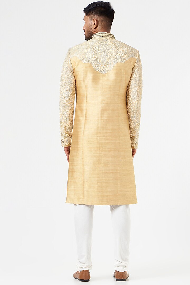 Beige Raw Silk Thread Embroidered Groom Sherwani Set by SEVENDC MEN at Pernia's Pop Up Shop