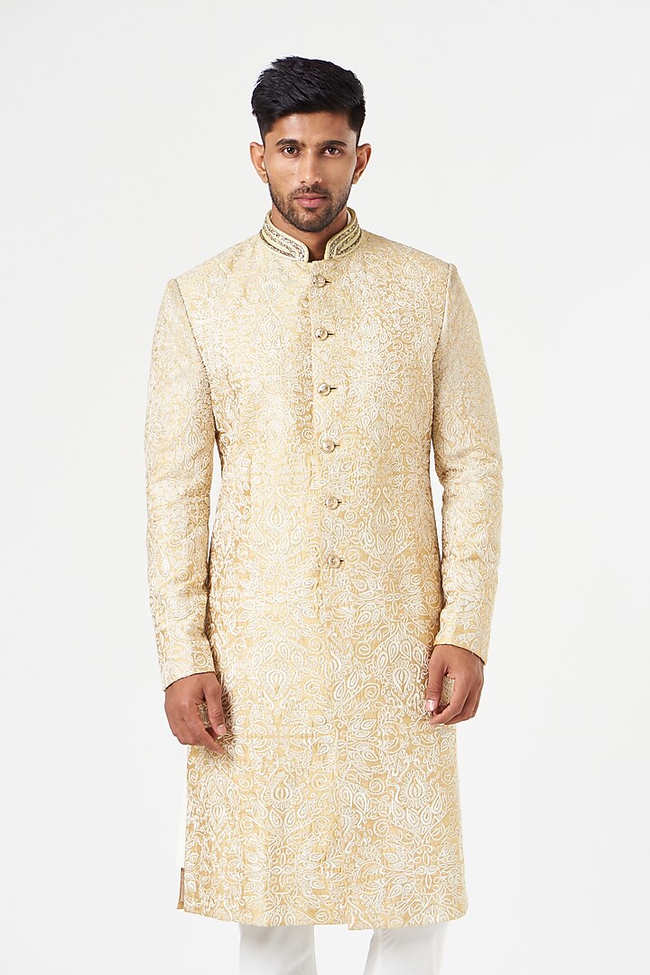 Beige Raw Silk Thread Embroidered Groom Sherwani Set by SEVENDC MEN at Pernia's Pop Up Shop