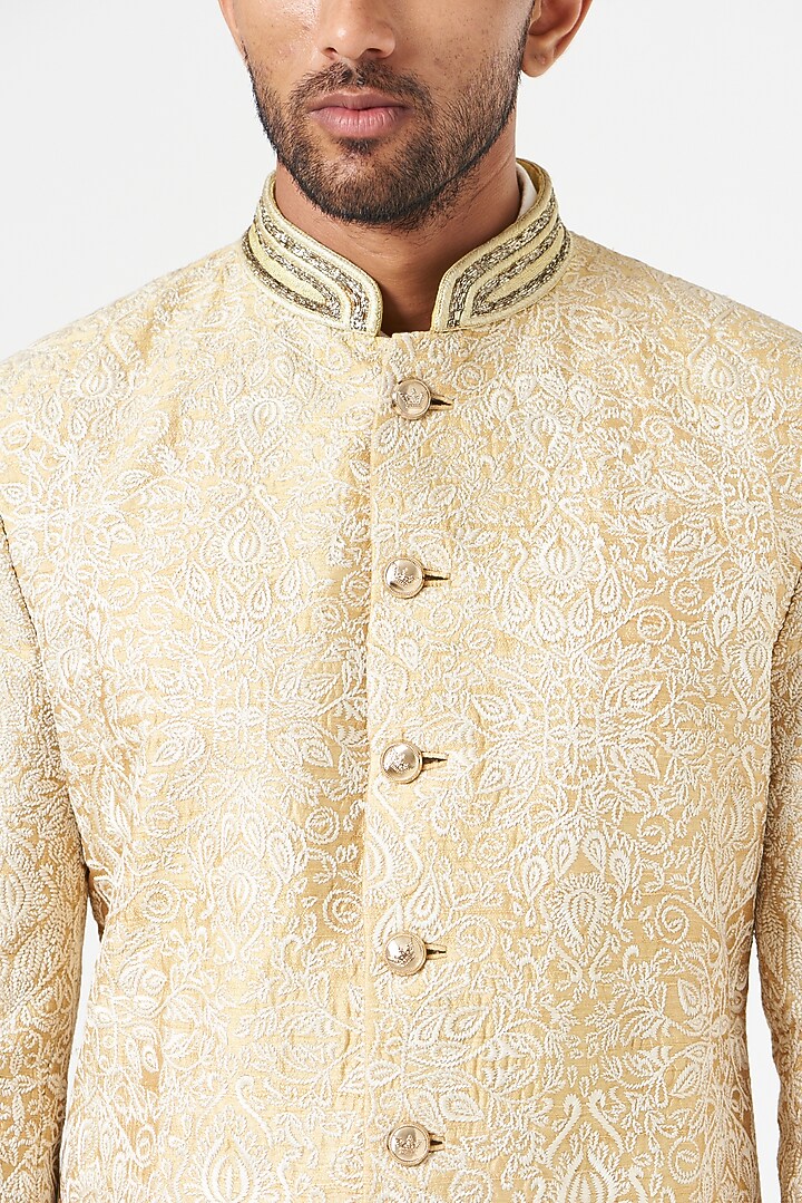 Beige Raw Silk Thread Embroidered Groom Sherwani Set by SEVENDC MEN at Pernia's Pop Up Shop