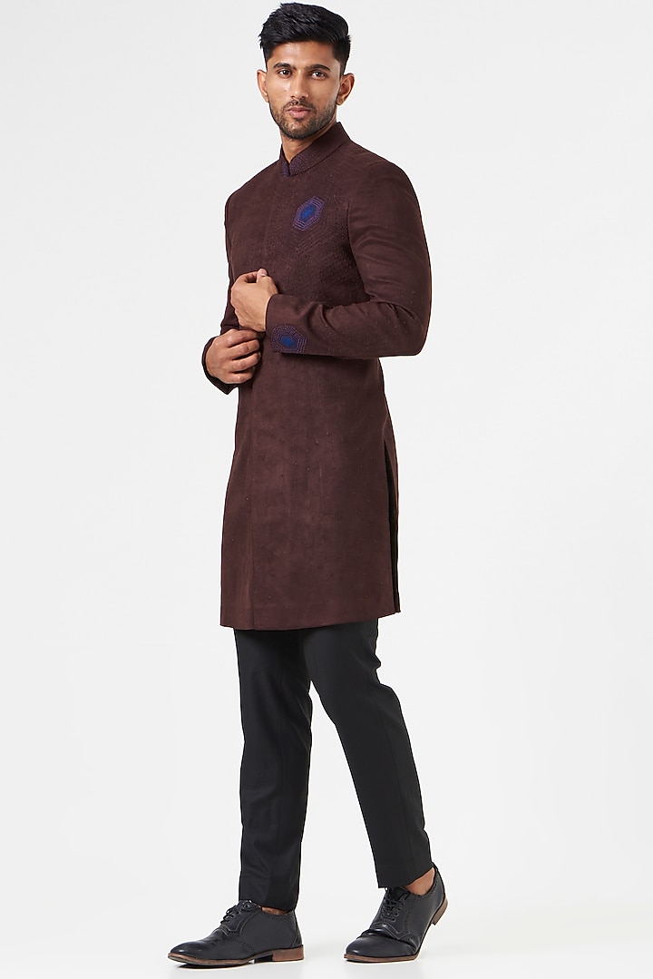 Brown Cotton Suede Indo-Western Jakcet Set by SEVENDC MEN at Pernia's Pop Up Shop