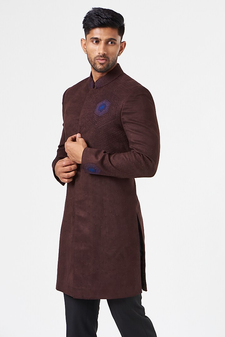 Brown Cotton Suede Indo-Western Jakcet Set by SEVENDC MEN at Pernia's Pop Up Shop