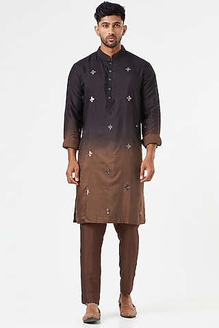 Black & Brown Embroidered Kurta Set by SEVENDC MEN