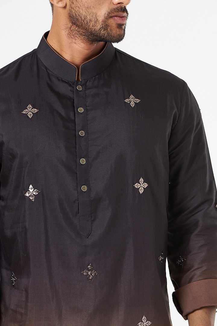 Black & Brown Embroidered Kurta Set by SEVENDC MEN at Pernia's Pop Up Shop