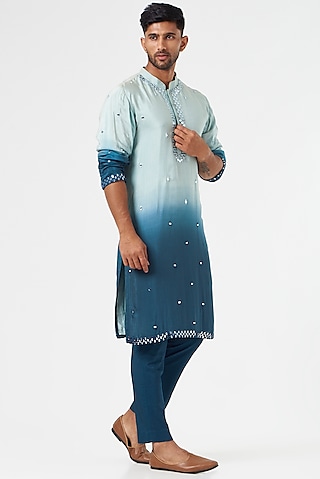 Blue Embroidered Kurta Set by SEVENDC MEN