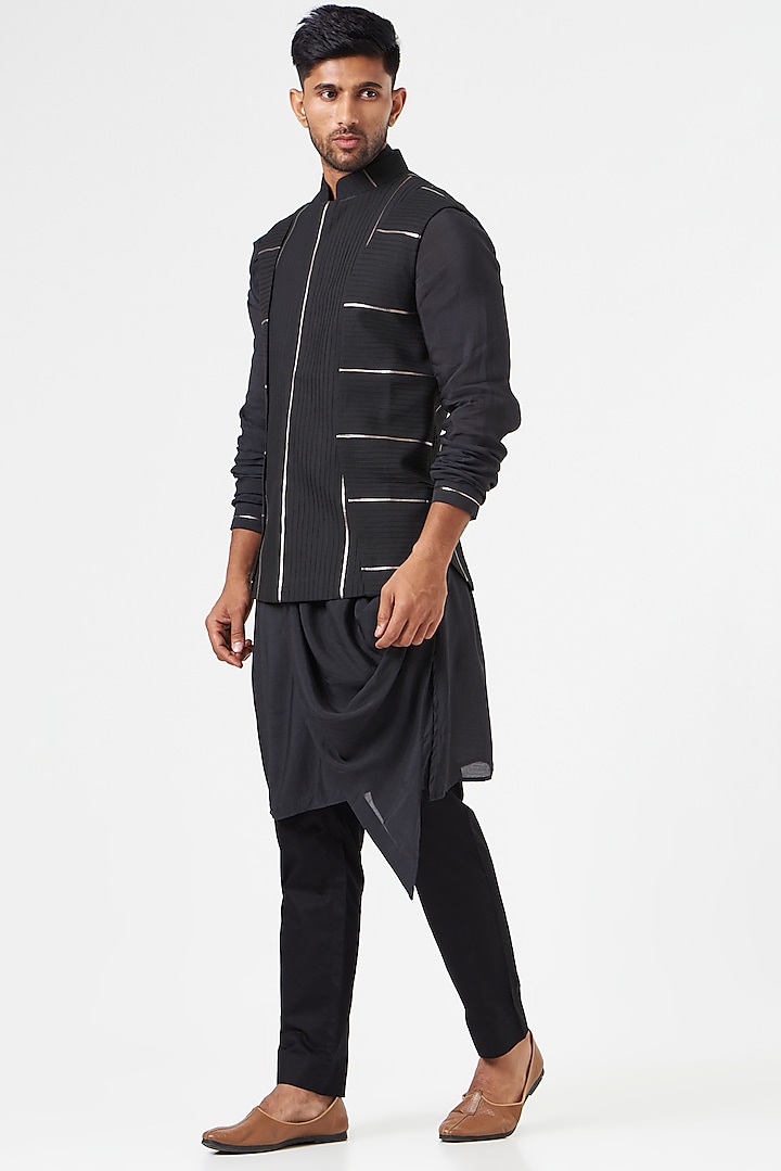 Black Cotton Silk Asymmetric Nehru Jacket Set by SEVENDC MEN at Pernia's Pop Up Shop