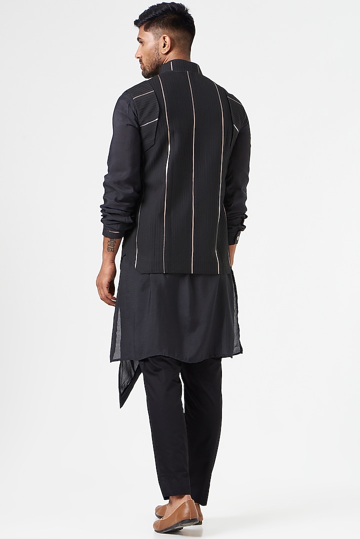 Black Cotton Silk Asymmetric Nehru Jacket Set by SEVENDC MEN at Pernia's Pop Up Shop
