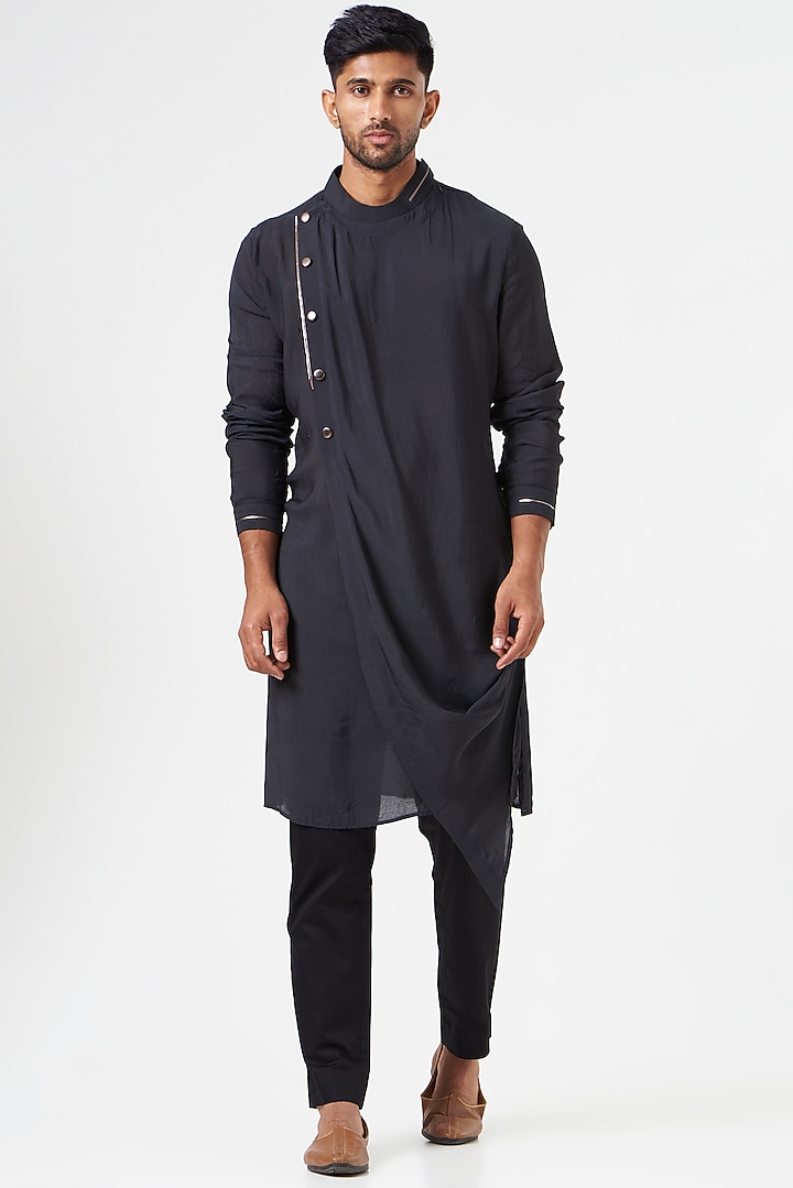 Black Cotton Silk Asymmetric Nehru Jacket Set by SEVENDC MEN at Pernia's Pop Up Shop