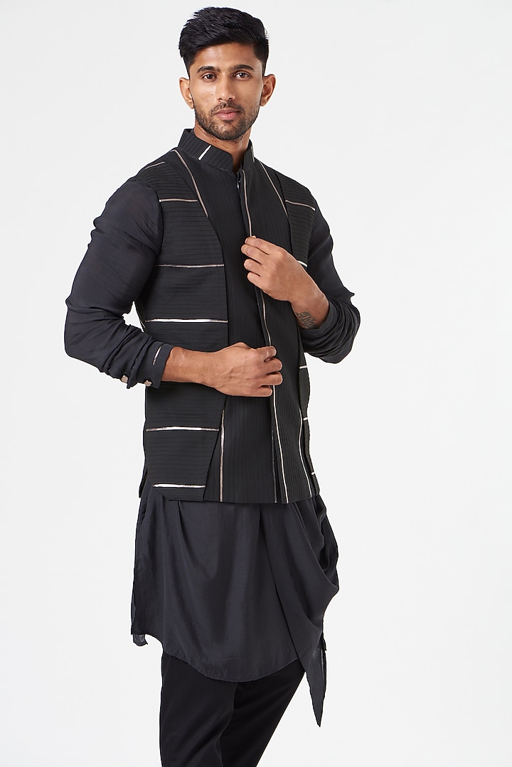 Black Cotton Silk Asymmetric Nehru Jacket Set by SEVENDC MEN at Pernia's Pop Up Shop