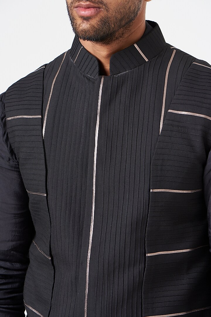 Black Cotton Silk Asymmetric Nehru Jacket Set by SEVENDC MEN at Pernia's Pop Up Shop