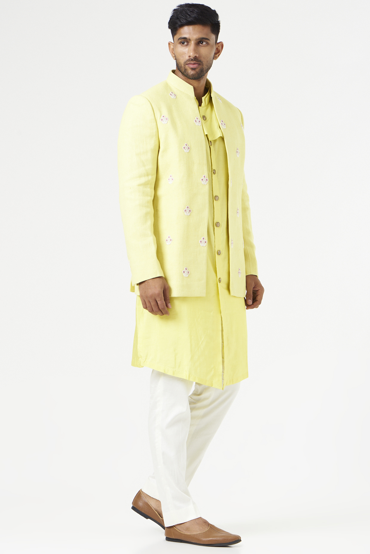 Yellow Matka Silk Nehru Jacket With Kurta Set by SEVENDC MEN at Pernia's Pop Up Shop