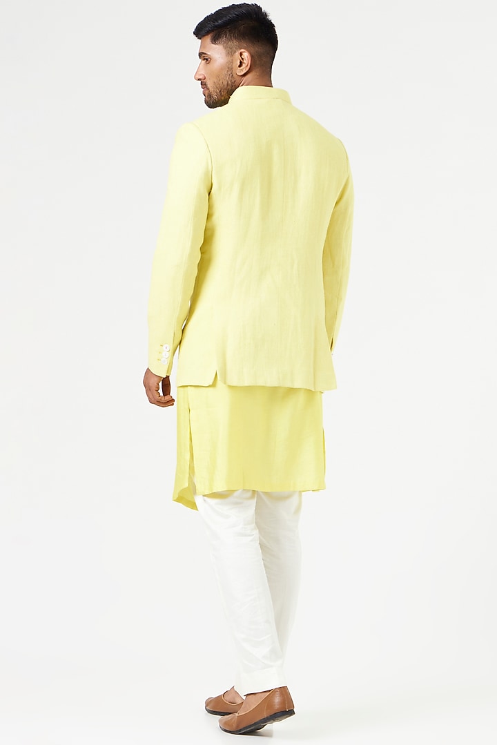 Yellow Matka Silk Nehru Jacket With Kurta Set by SEVENDC MEN at Pernia's Pop Up Shop