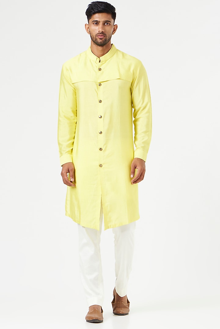 Yellow Matka Silk Nehru Jacket With Kurta Set by SEVENDC MEN at Pernia's Pop Up Shop