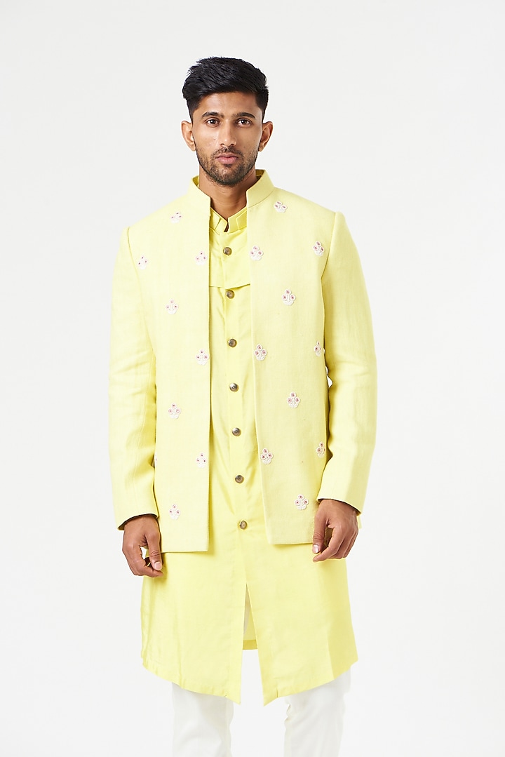 Yellow Matka Silk Nehru Jacket With Kurta Set by SEVENDC MEN at Pernia's Pop Up Shop