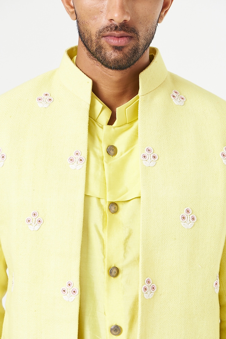 Yellow Matka Silk Nehru Jacket With Kurta Set by SEVENDC MEN at Pernia's Pop Up Shop