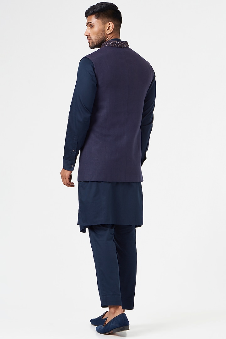 Navy Blue Matka Silk Asymmetric Nehru Jacket Set by SEVENDC MEN at Pernia's Pop Up Shop