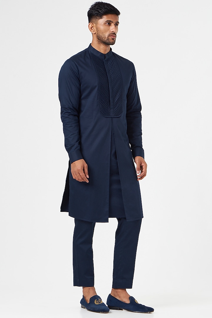 Navy Blue Matka Silk Asymmetric Nehru Jacket Set by SEVENDC MEN at Pernia's Pop Up Shop