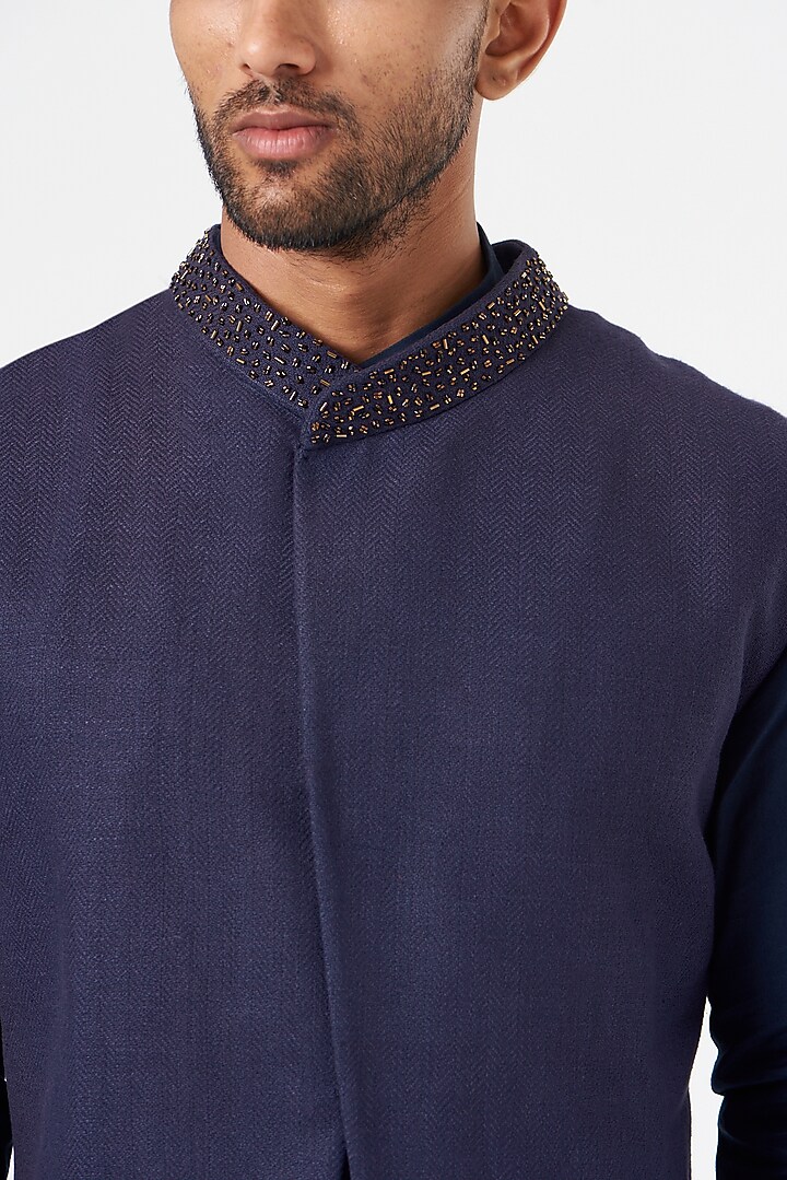 Navy Blue Matka Silk Asymmetric Nehru Jacket Set by SEVENDC MEN at Pernia's Pop Up Shop