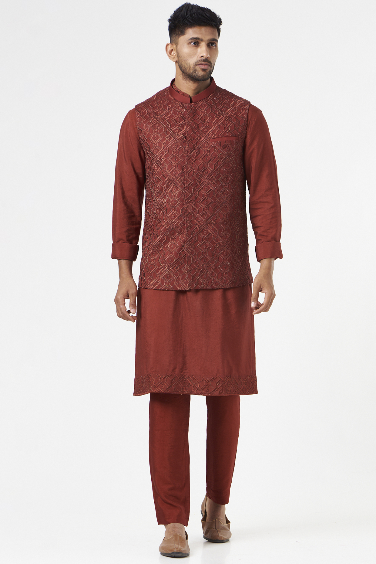 Maroon Cotton Silk Embroidered Nehru Jacket Set by SEVENDC MEN at Pernia's Pop Up Shop