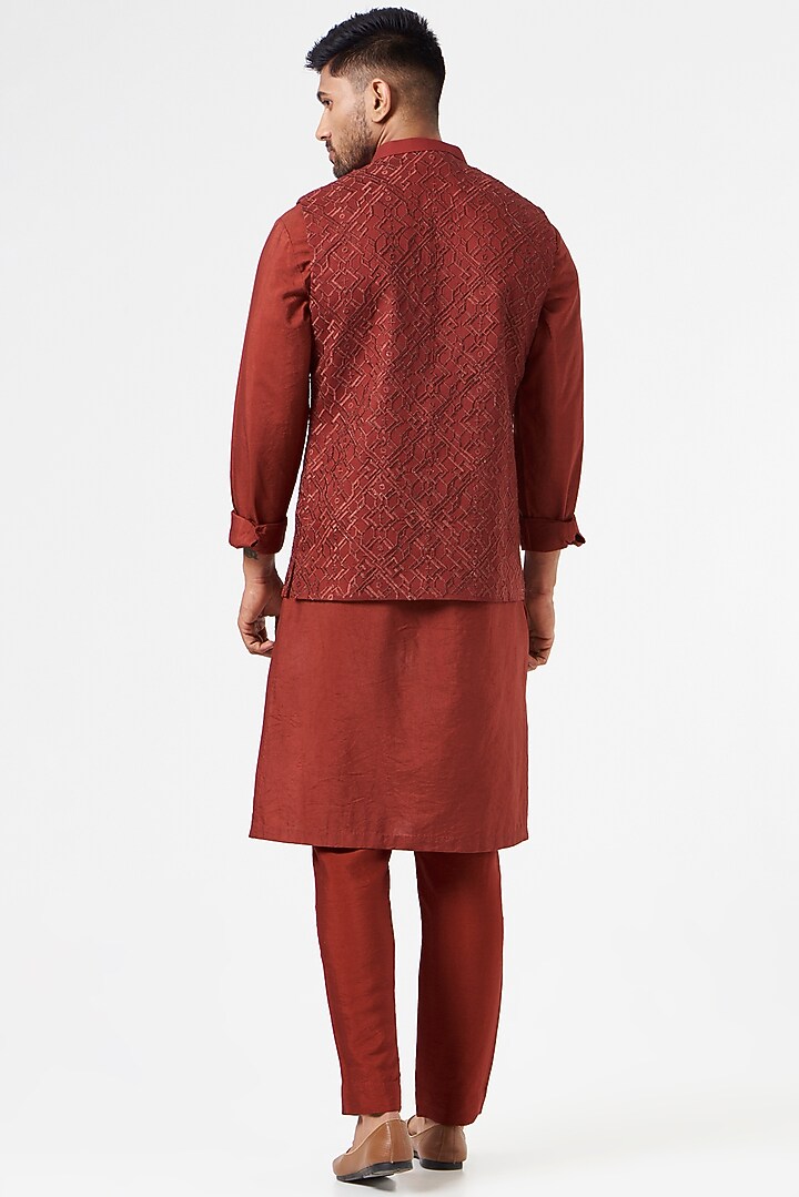 Maroon Cotton Silk Embroidered Nehru Jacket Set by SEVENDC MEN at Pernia's Pop Up Shop