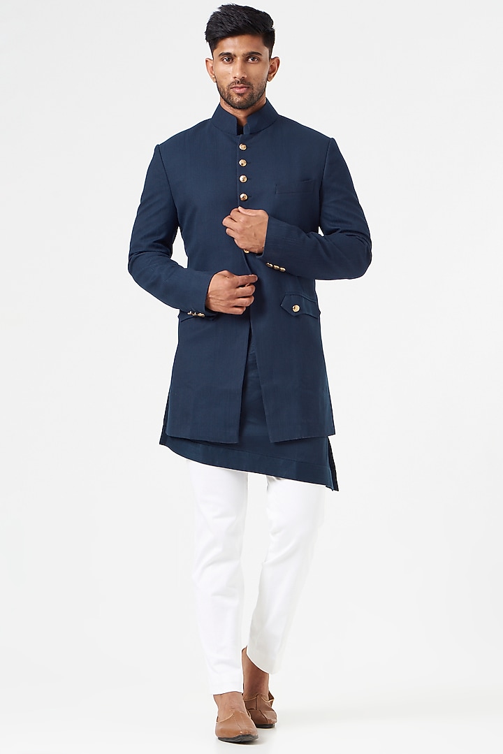 Blue Silk Blend Indo-Western Set by SEVENDC MEN at Pernia's Pop Up Shop