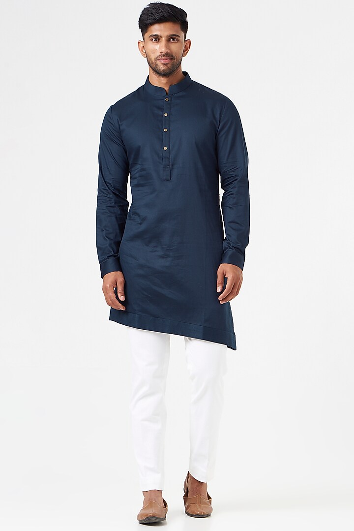Blue Silk Blend Indo-Western Set by SEVENDC MEN at Pernia's Pop Up Shop