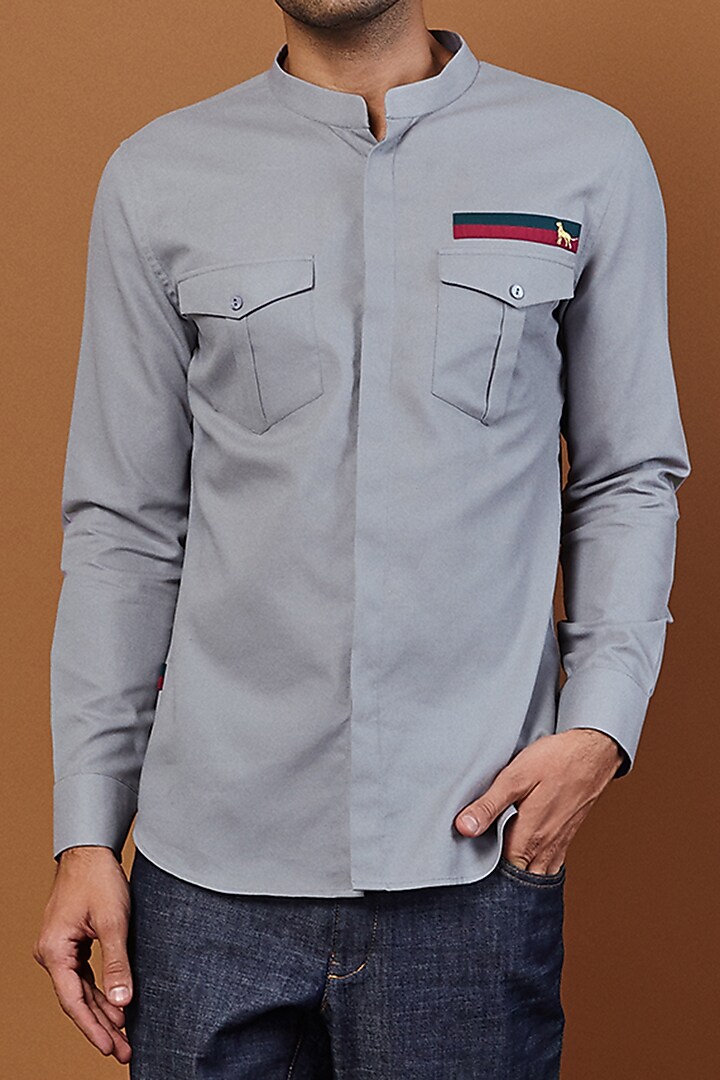 Grey Cotton Party Wear Shirt by SEVENDC MEN at Pernia's Pop Up Shop