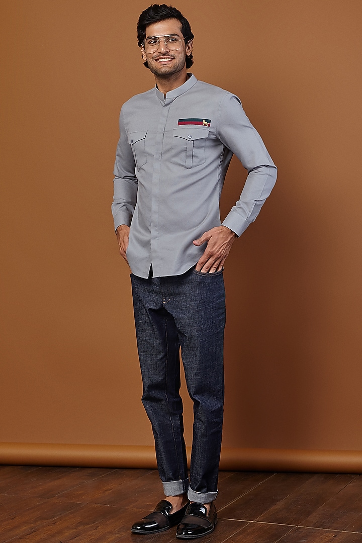 Grey Cotton Party Wear Shirt by SEVENDC MEN at Pernia's Pop Up Shop