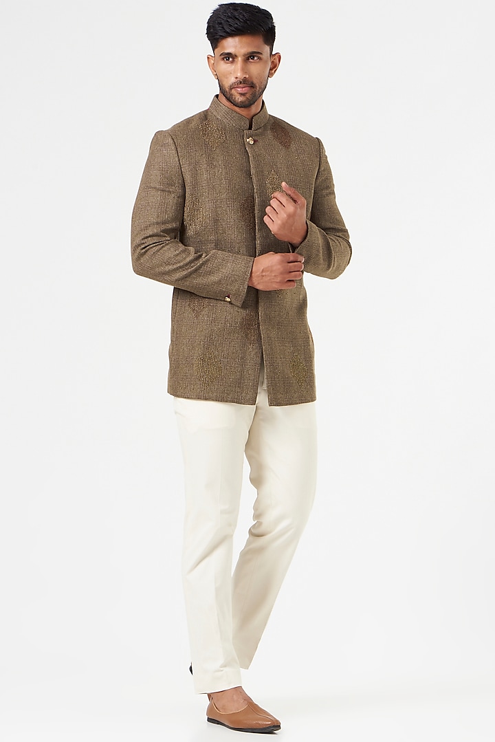 Brown Embroidered Bandhgala Set by SEVENDC MEN