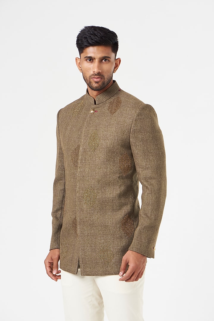 Brown Embroidered Wedding Bandhgala Set by SEVENDC MEN at Pernia's Pop Up Shop