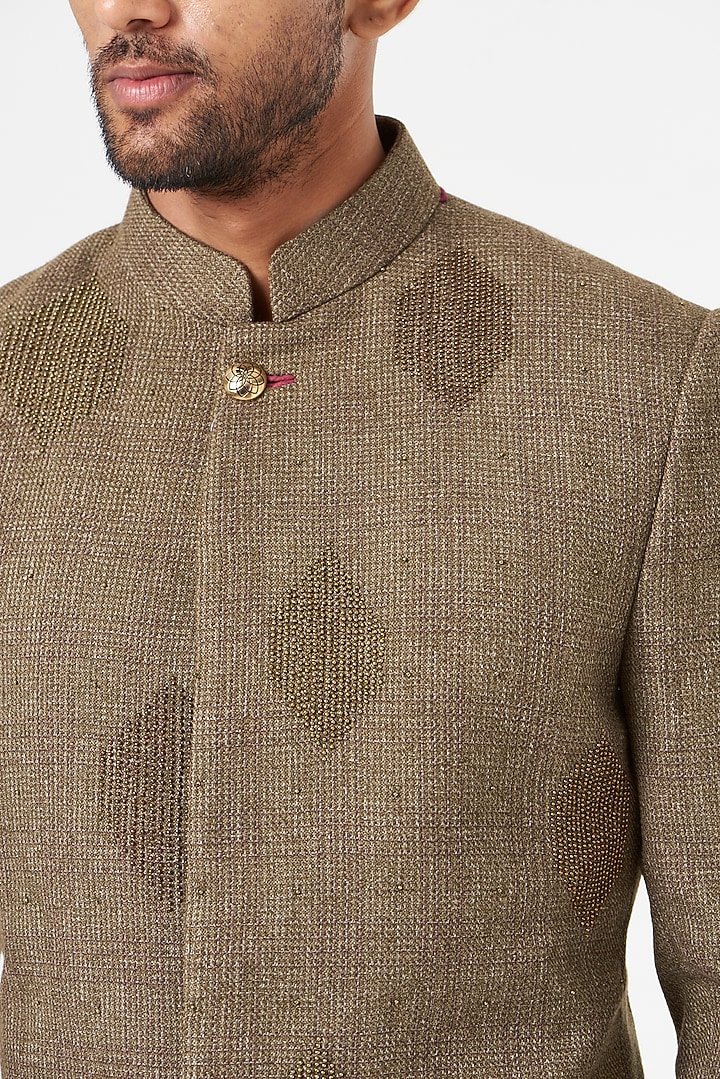 Brown Embroidered Wedding Bandhgala Set by SEVENDC MEN at Pernia's Pop Up Shop