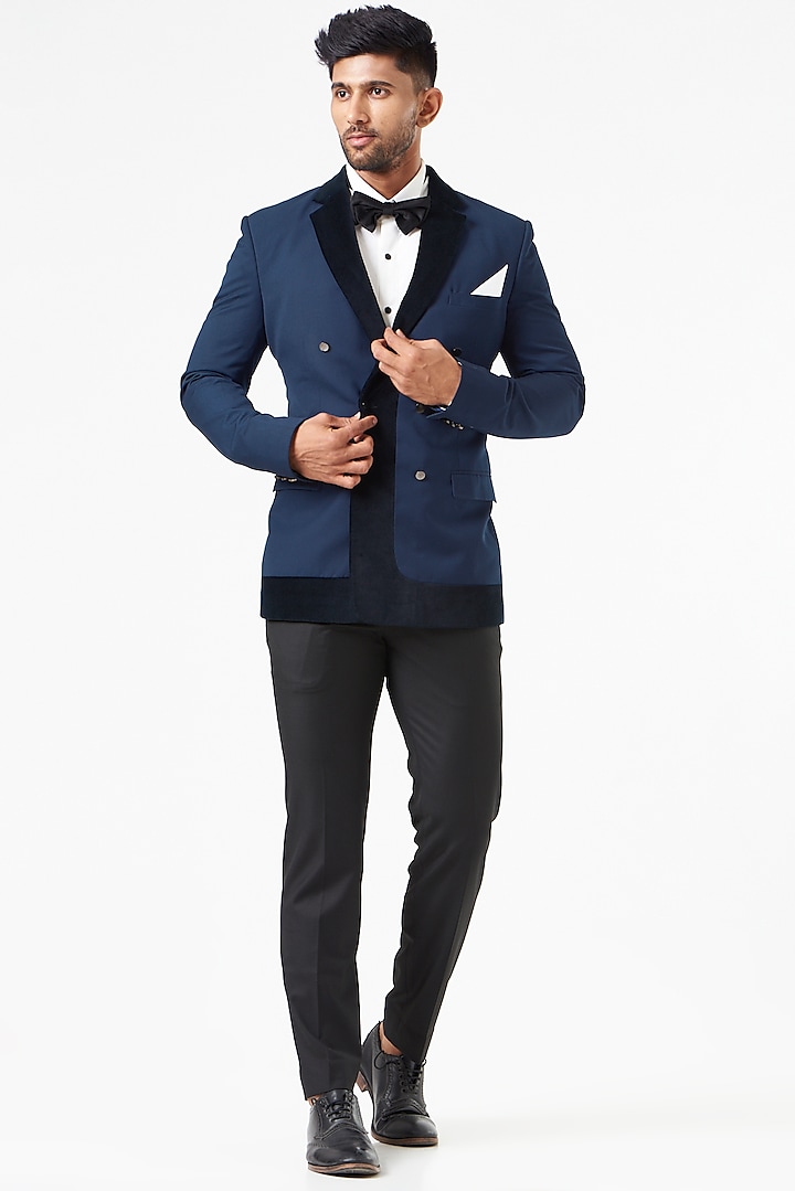 Blue Velvet & Wool Blend Tuxedo Set by SEVENDC MEN at Pernia's Pop Up Shop