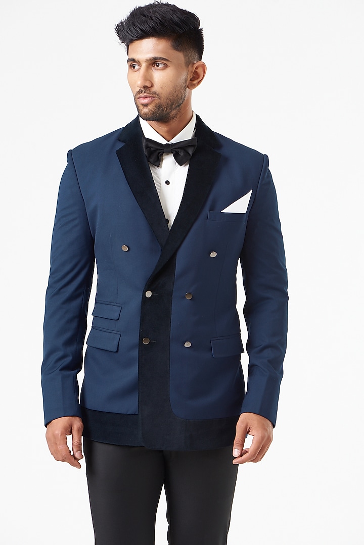 Blue Velvet & Wool Blend Tuxedo Set by SEVENDC MEN at Pernia's Pop Up Shop