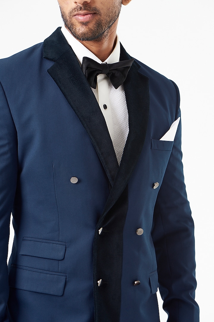 Blue Velvet & Wool Blend Tuxedo Set by SEVENDC MEN at Pernia's Pop Up Shop