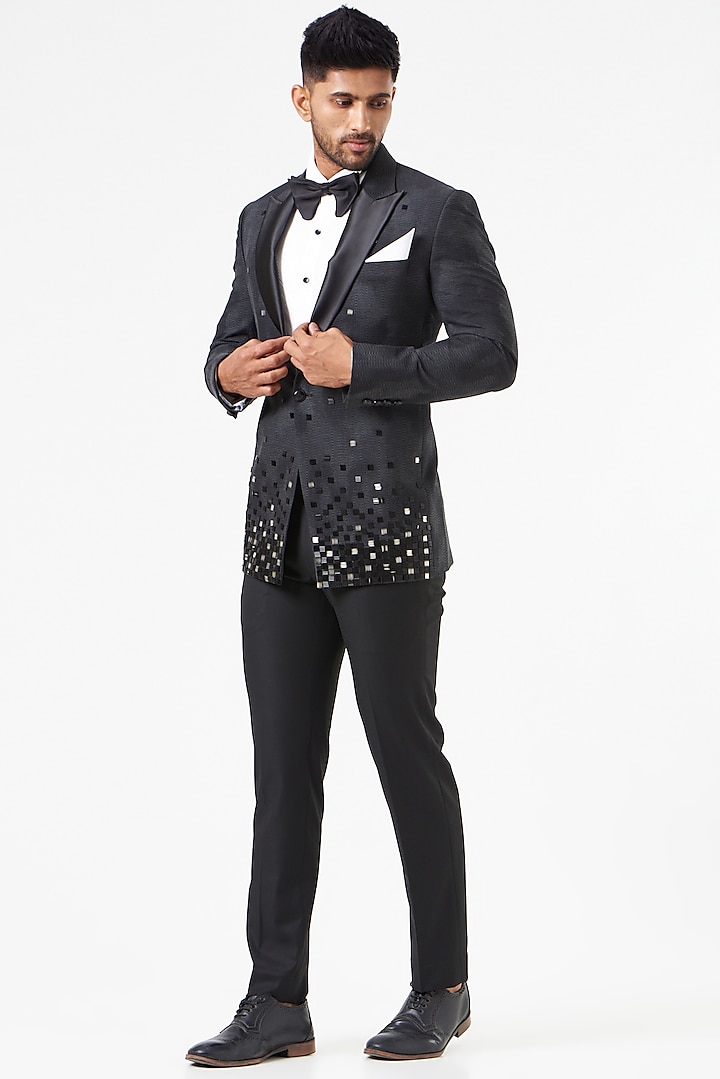 Charcoal Embroidered Tuxedo Set by SEVENDC MEN