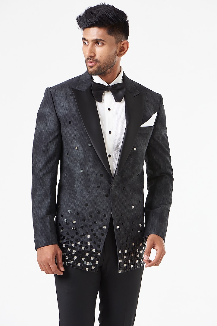 Charcoal Embroidered Tuxedo Set by SEVENDC MEN at Pernia's Pop Up Shop