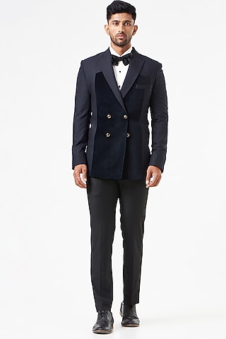 Black Velvet & Wool Blend Double Breasted Tuxedo Set by SEVENDC MEN