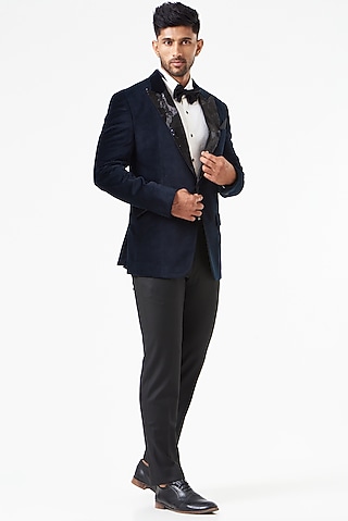 Navy Blue Embroidered Tuxedo Set by SEVENDC MEN