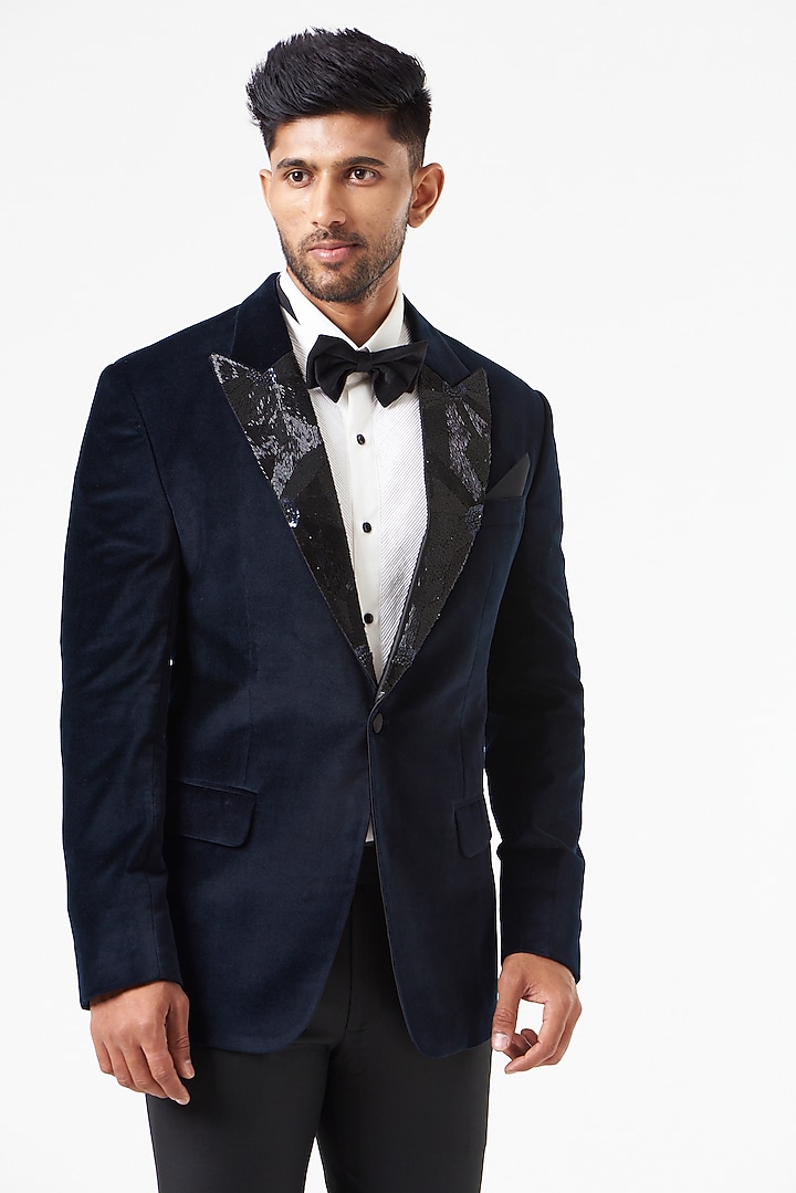 Navy Blue Embroidered Tuxedo Set by SEVENDC MEN at Pernia's Pop Up Shop