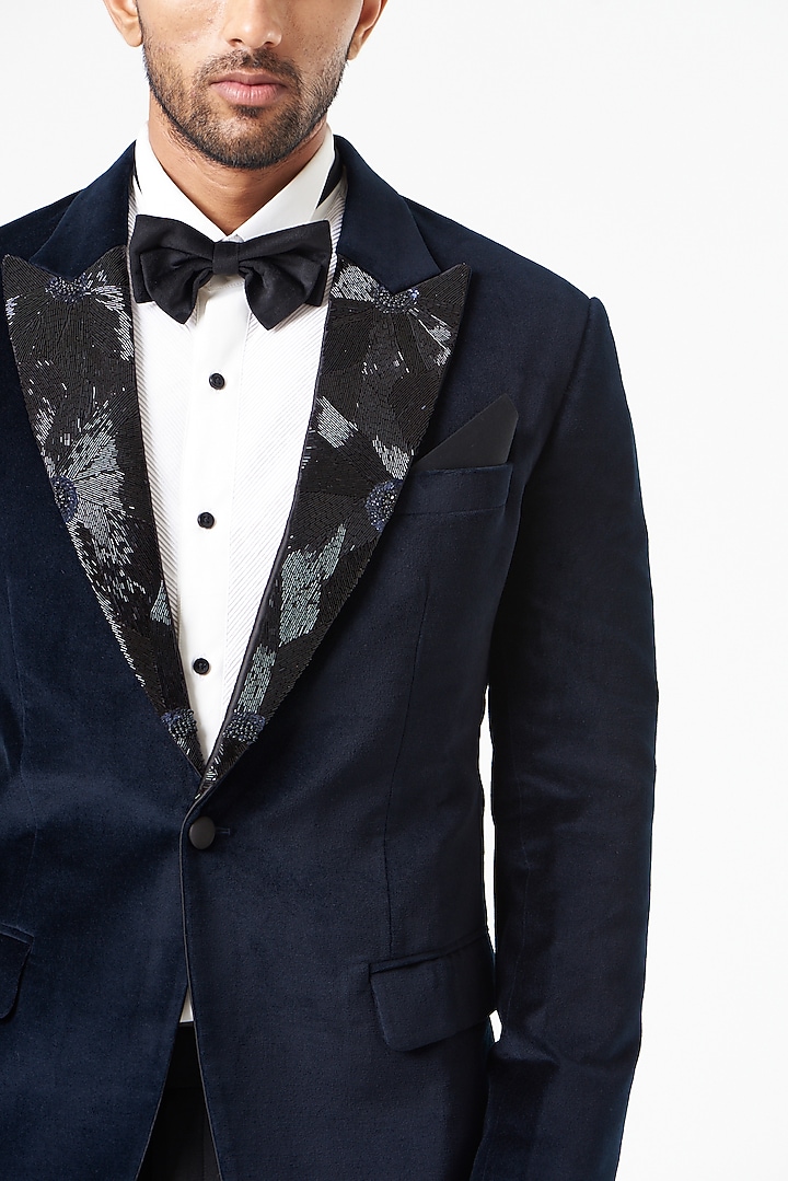 Navy Blue Embroidered Tuxedo Set by SEVENDC MEN at Pernia's Pop Up Shop