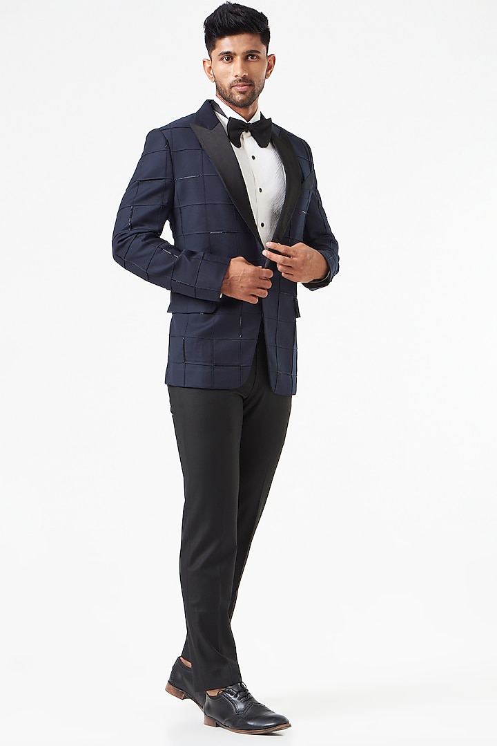 Blue Embroidered Tuxedo Set by SEVENDC