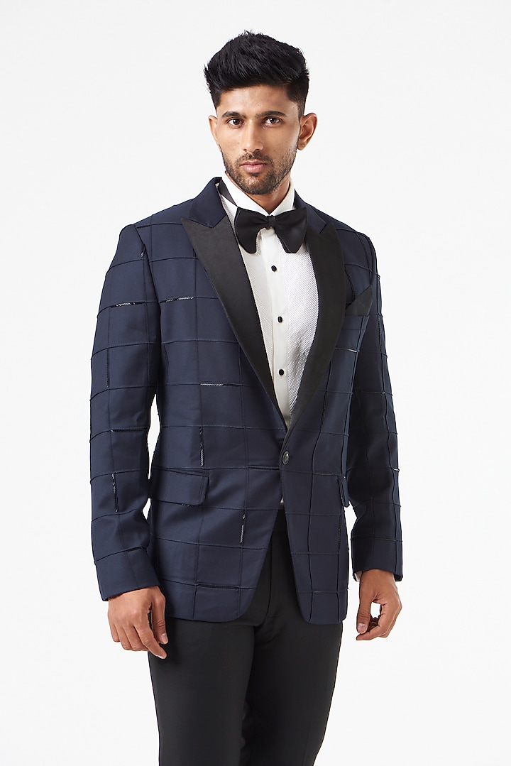 Blue Embroidered Tuxedo Set by SEVENDC MEN at Pernia's Pop Up Shop
