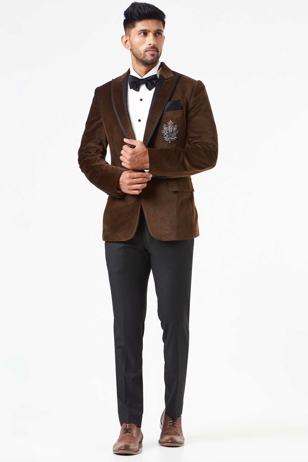 Brown Cotton Velvet Tuxedo Set by SEVENDC MEN at Pernia's